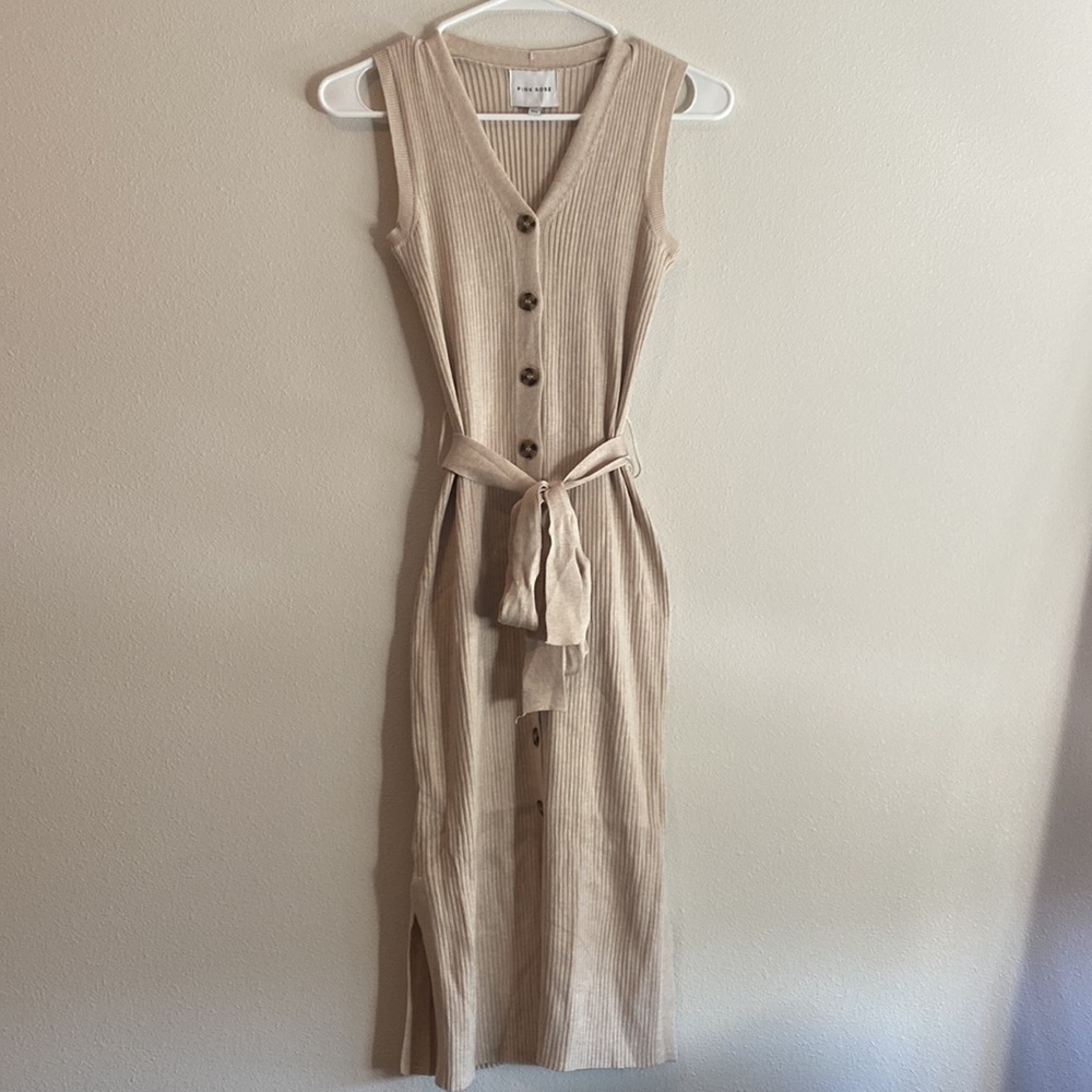 Pink Rose Sleeveless Ribbed Button-Front Maxi Dress in Beige